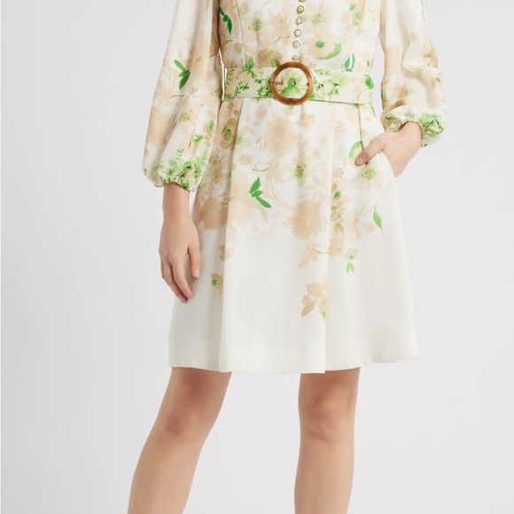 Tahari ASL Beige and Green Floral Long Sleeve Dress
